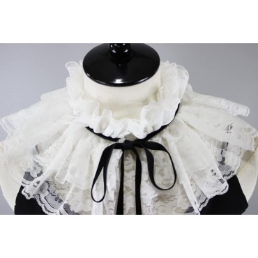 Huralona Elizabethan Neck Ruffle Collar Cape Retro Gothic Lace Ruffled Collar Clown Layered Victorian Ruffle Collar Costume Lace White Tie Closure - BAE0X7YEZ