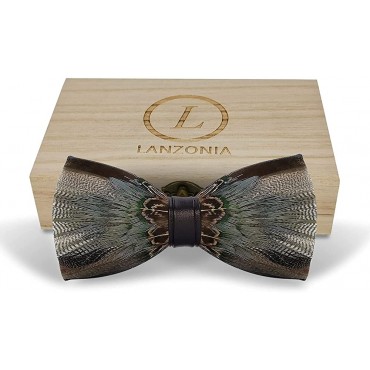 Lanzonia Feather Bow Ties for Men Handmade Bowtie for Wedding Dating - B216RDILB