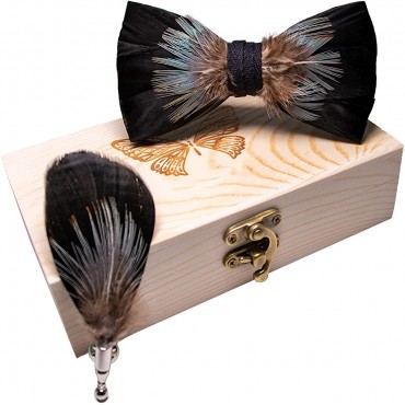 RBOCOTT Handmade Feather Pre-tied Bow tie and Brooch Sets for Men - BLTPJNU67