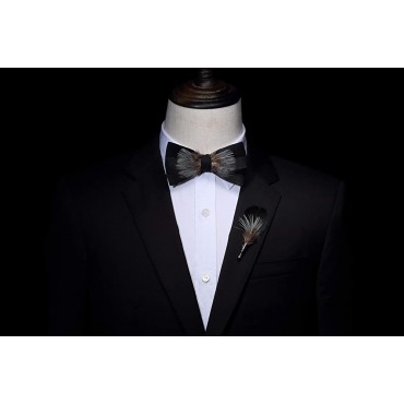 RBOCOTT Handmade Feather Pre-tied Bow tie and Brooch Sets for Men - BLTPJNU67