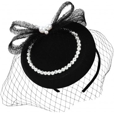 BABEYOND Veil Fascinator Hat for Women Tea Party Kentucky Derby Fascinator Hat Pillbox Hat Feather Fascinator with Pearl - B4YGHPRHX