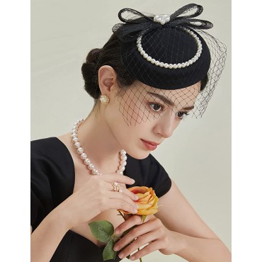 BABEYOND Veil Fascinator Hat for Women Tea Party Kentucky Derby Fascinator Hat Pillbox Hat Feather Fascinator with Pearl - B4YGHPRHX