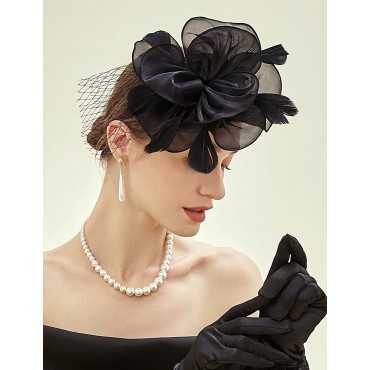 BABEYOND Women's Fascinator Hats Tea Party Fascinator Hat with Veil Kentucky Derby Headpiece for Cocktail Wedding - BYFSXPP04