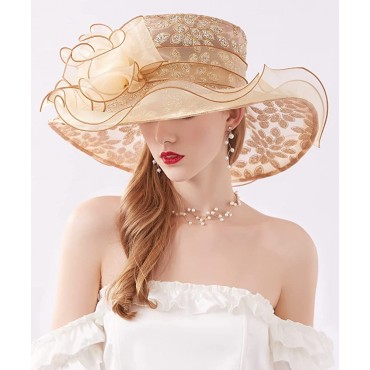 ELLYDOOR Kentucky Derby Hat Women Organza Fascinator Church Hat Bridal Wedding Tea Party Hat Wide Brim Sun Hat - BNS175MMZ