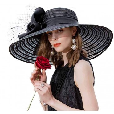 F FADVES Big Brim Wedding Dress Hats Elegant Kentucky Derby Hat Bowknot Feather Church Hats Fedoras - B1OWCCGJ9