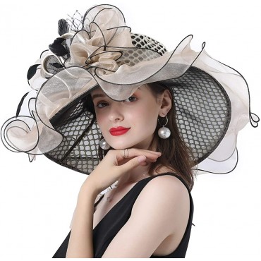 F FADVES Kentucky Derby Hat Wide-Brimmed Flounce Cocktail Tea Party Bridal Dress Church Flowers Feathers Hats - B314MZKBQ