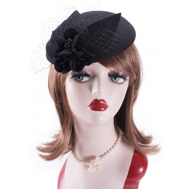 Lawliet Womens Socialite Flower Black Pearl Wool Felt Fascinator Pillbox Tilt Hat A044 - BAH38OKQM