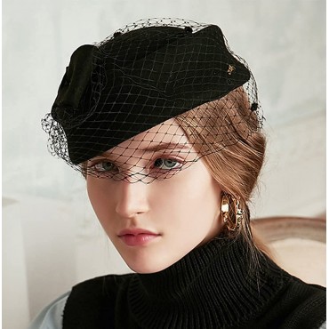 ORIDOOR British Style Pillbox Hat Women Church Derby Wedding Winter Vintage Fascinator Beret 100% Wool Felt Hat with Veil - B4BVCP2B2