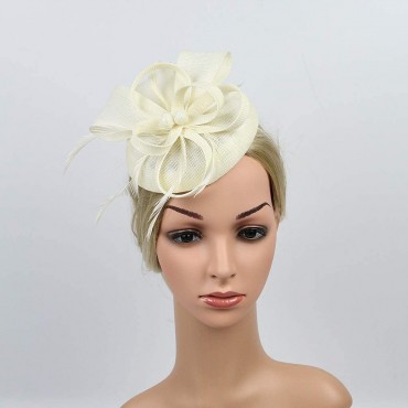 Sayhi Women's Flower Fascinators Hat Mesh Net Feather Headwear for Church Kentucky Derby Tea Party Hat - B35EHMTIY
