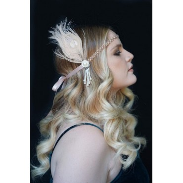 SWEETV 1920s Headpiece Flapper Headband Pearl Peacock Feather Hair Band Great Gatsby Accessoreis for Women Blush Pink - B7X6N2K4I