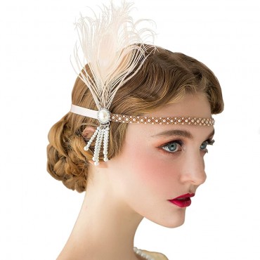 SWEETV 1920s Headpiece Flapper Headband Pearl Peacock Feather Hair Band Great Gatsby Accessoreis for Women Blush Pink - B7X6N2K4I