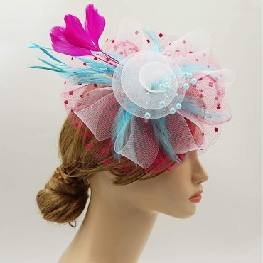 Wheebo Fascinator Hat Flower Feather Mesh Veil Wedding Tea Party Derby Cocktail Hat Headwear for Women Lady Girls - BJNA3LMXC