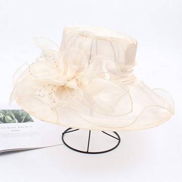 Women Organza Church Kentucky Derby Fascinator Bridal Tea Party Wedding Hat Organza Flower Wide Brim Sun Protection Hat - BFD59YZJ8