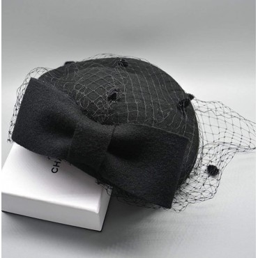 Z&X British Vintage Wool Felt Pillbox Hat Ladies Church Derby Winter Fascinator Hat Veil Flower Fedoras - BE6XOA3ZE