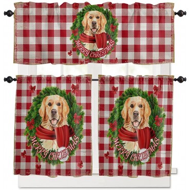 3 Piece Semi Sheer Kitchen Curtains Merry Christmas Golden Retriever Red Plaid Bownot Pocket Top Tier&Valance Window Curtains Set Light Filtering Panel for Living Bedroom Bathroom - B7GVGGSX1