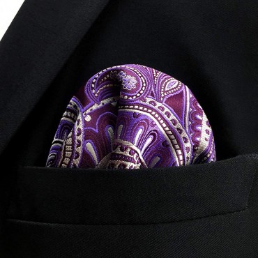 SHLAX&WING Mens Pocket Square Purple Paisley Handkerchieves Silk Hanky - BYQI5DGTB