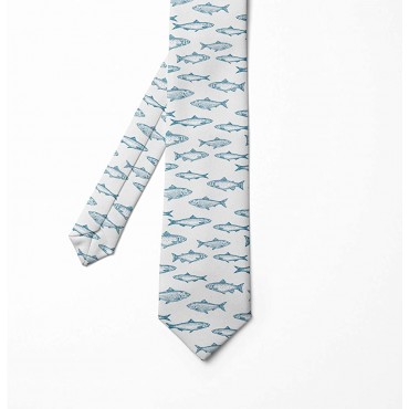Ambesonne Fishing Men's Tie Horizontally Drawn Fish Sketches Underwater Creatures Marine-Themed Layout 3.7 Slate Blue White - B83Z32L6Z