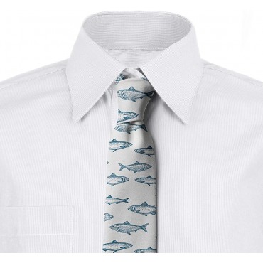 Ambesonne Fishing Men's Tie Horizontally Drawn Fish Sketches Underwater Creatures Marine-Themed Layout 3.7 Slate Blue White - B83Z32L6Z