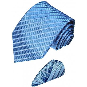LORENZO CANA Luxury Italian 100% Silk Woven Tie Hanky Set Blue Plain Stripe 8421101 - BOVAC09Y0
