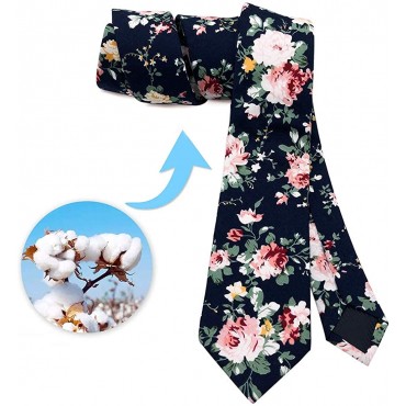 Men's Ties Cotton Floral Print Slim Skinny Ties for Groom Groomsmen Neckties Wedding Costume Accessories - B9SQUFMBR