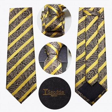 Secdtie Men Classic Striped Black Yellow Jacquard Woven Silk Tie Formal Necktie - B18RXEEQF