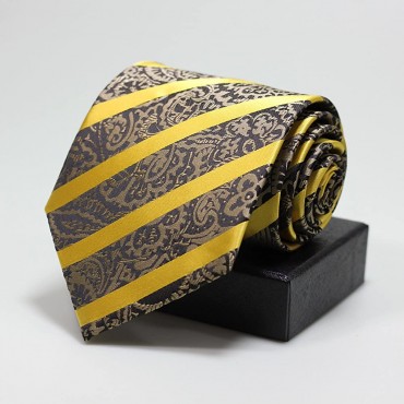 Secdtie Men Classic Striped Black Yellow Jacquard Woven Silk Tie Formal Necktie - B18RXEEQF
