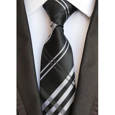 Secdtie Men's Classic Checks Silver Jacquard Woven Silk Tie Formal Necktie - BEREUFUVJ