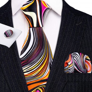 Barry.Wang Men Silk Novelty Tie Set Designer Abstract Necktie Pocket Square Cufflinks Wedding Party Formal - BM97V8IJ5