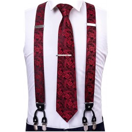 Barry.Wang Men Suspender Set with Necktie Elastic Y Type Heavy Duty 6 Clips Braces Designer Gift - BFFBIBS7I