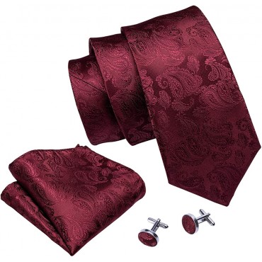 Barry.Wang Men Ties Paisley Woven Silk Necktie Set with Pocket Suqare Cufflinks Formal - BU7GJYSFE
