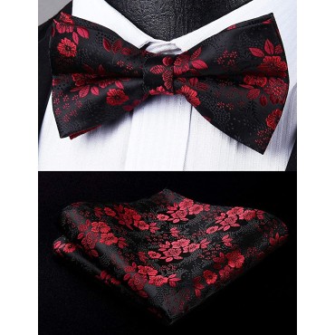 Black Bow Ties for Men Floral Paisley Pre-Tied Bow Tie and Pocket Square Set Classic Formal Bowties for Wedding Party Adjustable Red - BTHEOAYZE