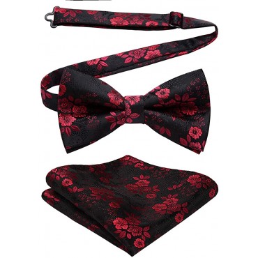 Black Bow Ties for Men Floral Paisley Pre-Tied Bow Tie and Pocket Square Set Classic Formal Bowties for Wedding Party Adjustable Red - BTHEOAYZE