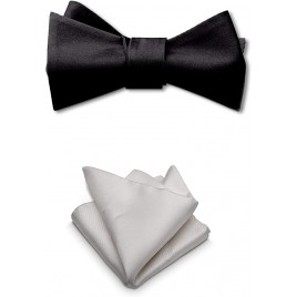 Bowtie and Pocket Square Set 100% Silk Self-Tie Bow Tie Elegant Black Bow Ties for Men with White Pocket Squares Premium Luxury Wedding Accessories for Formal Occasions Black-Tie Events - BNYYKWAVY