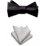 Bowtie and Pocket Square Set 100% Silk Self-Tie Bow Tie Elegant Black Bow Ties for Men with White Pocket Squares Premium Luxury Wedding Accessories for Formal Occasions Black-Tie Events - BNYYKWAVY