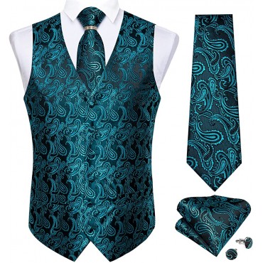 DiBanGu Mens Suit Vest Set 5 PCS Tuxedo Waistcoat and Tie Pocket Square Cufflinks Tie Ring for Wedding - BP6AB98LX