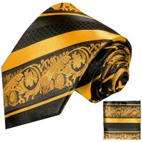 Gold and Black Silk Tie and Pocket Square Paul Malone Red Line - BPZB77BVL