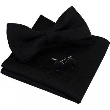 GUSLESON Mens Plaid Floral Jacquard Adjustable Pre-tied Bow Tie and Pocket Square Cufflink Set with Gift Box - B5L0SBD7F