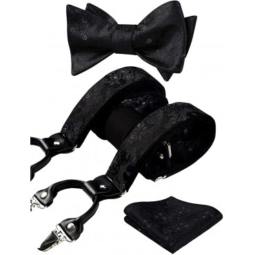 HISDERN Floral Paisley Suspenders and Bow Tie for Men Strong 6 Clips Adjustable Suspender Self Bowtie Pocket Square Set - BVU7CJUD3