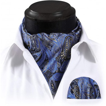 HISDERN Men's Cravat Ascot Ties Paisley Jacquard Woven Floral Luxury Ascot Scarf Tie and Handkerchief Set - BVYC85MT6