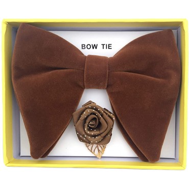 Mens Pre-Tied Oversized Velvet Bow Tie with Flower Lapel Pin Brooch for Suit Wedding Tuxedo Big Bowtie Set - BXEM5Q704