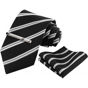 TIE G Stripe Plaid Mens Ties Set in Black Gift Box: Necktie and Pocket Square Cufflinks Tie Clip Formal Business Wedding - B8BMU80TI