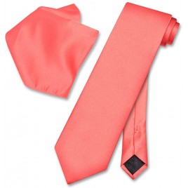 Vesuvio Napoli Solid CORAL PINK Color NeckTie & Handkerchief Men's Neck Tie Set - BRJO0MYKK