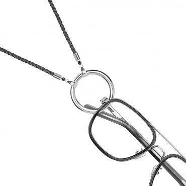 JOJOPANDA Eyeglass Holder Loop Necklace Braided Leather Rope Eyeglass Chain Stainless Steel Ring Glasses Holder Strap Cord - B1E5AY9S7