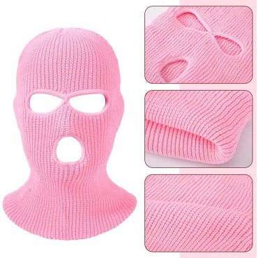 2 Pieces 3-Hole Ski Mask Knitted Face Cover Winter Balaclava Full Face Mask for Winter Outdoor Sports Pink Rose Red - BY7B9OEVK