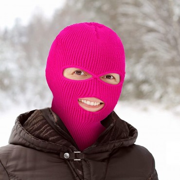 2 Pieces 3-Hole Ski Mask Knitted Face Cover Winter Balaclava Full Face Mask for Winter Outdoor Sports Pink Rose Red - BY7B9OEVK