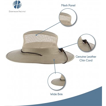 Dorfman Pacific Men's Brushed Twill-and-Mesh Safari Hat with Genuine Leather Trim - B1E9H70BZ