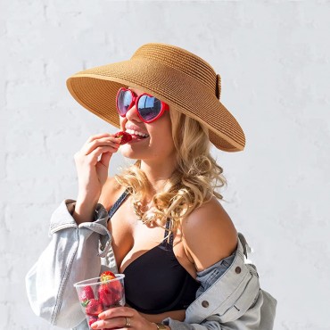Echolife 2 4 Pack Women Straw Sun Visor Hat Foldable Roll Up Wide Brim UV Protection Bowknot Summer Beach Hat - B3WEO8KKL
