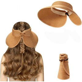 Echolife 2 4 Pack Women Straw Sun Visor Hat Foldable Roll Up Wide Brim UV Protection Bowknot Summer Beach Hat - B3WEO8KKL