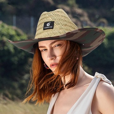 GEMVIE Women Mens Western Cowboy Straw Hat Printed Roll Brim Straw Sun Hat Beach Straw Lifeguard Hat for Fishing Outdoor - B6986Q1H8