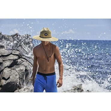 Hurley Men's Straw Hat Weekender Medium Brim Natural Straw Sun Hat with Chin Strap - B4QRR7L3O